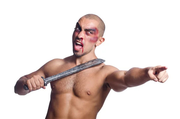 Adam beyaz izole kılıç ile — Stok fotoğraf