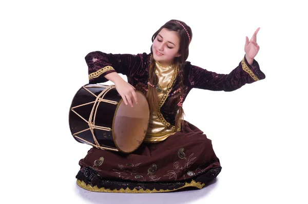 Young azeri woman playing traditional drum nagara — Stock Photo, Image