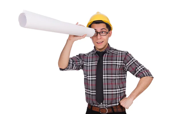 Funny man with blueprints on white — Stock Photo, Image