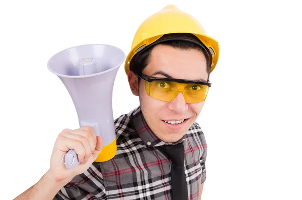 Construction supervisor shouting at megaphone — Stock Photo, Image