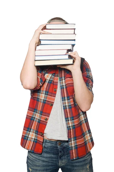 Grappige student met stapel boeken — Stockfoto