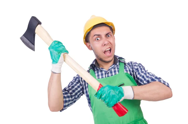 Funny man with axe isolated on white — Stock Photo, Image