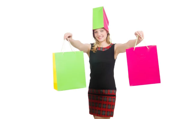 Woman after shopping spree on white — Stock Photo, Image