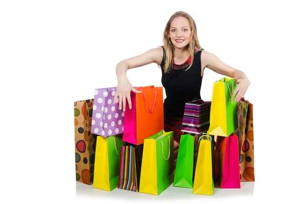 Mladá žena po nakupování izolované na bílém — Stock fotografie