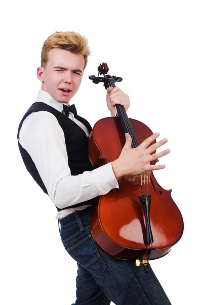 Homem engraçado com violino no branco — Fotografia de Stock