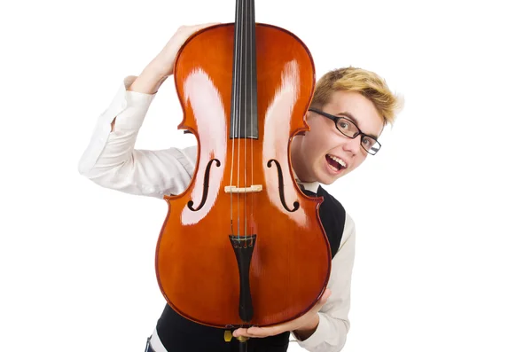 Uomo divertente con violino su bianco — Foto Stock