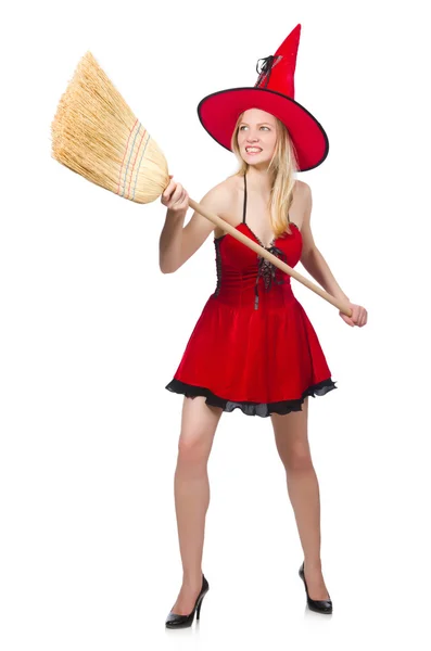 Bruja en vestido rojo con escoba —  Fotos de Stock