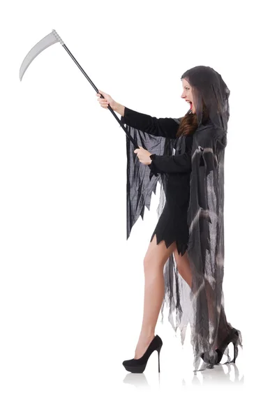Mujer en concepto de Halloween con guadaña — Foto de Stock