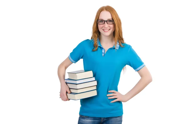 Studente divertente con pila di libri — Foto Stock