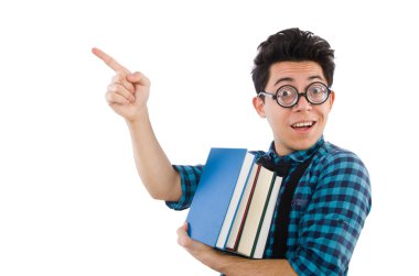 Bir yığın kitabı olan komik öğrenci.