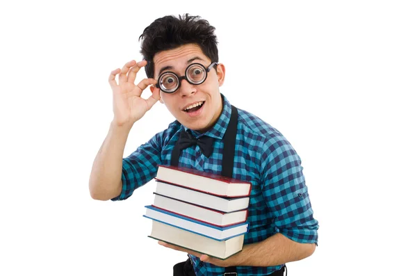 Étudiant drôle avec pile de livres — Photo