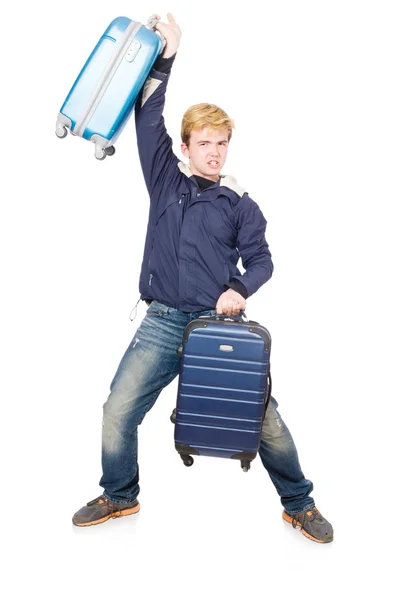 Смішний чоловік з багажем на білому — стокове фото