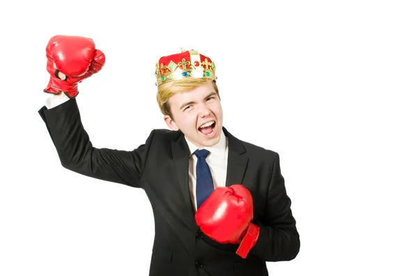 Homme d'affaires drôle avec couronne et gants de boxe — Photo