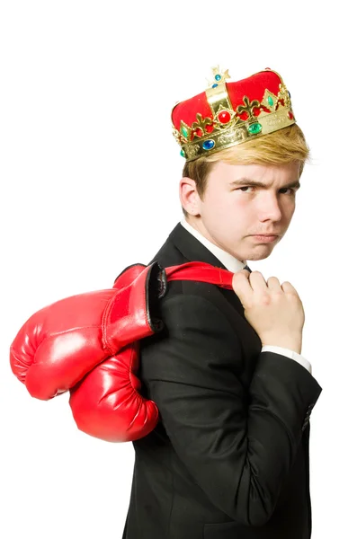 Grappige zakenman met kroon en bokshandschoenen — Stockfoto
