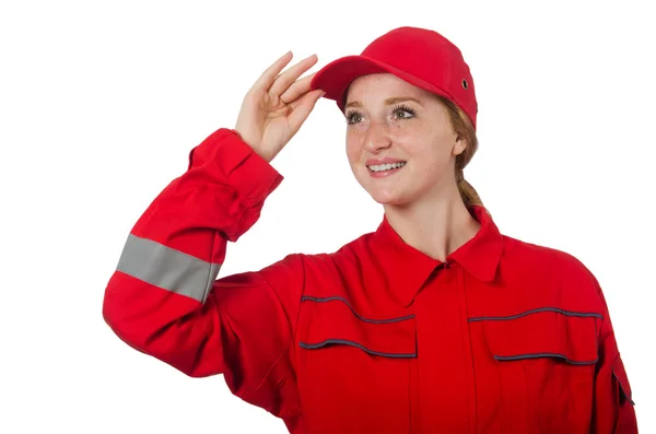 Woman builder isolated on the white — Stock Photo, Image