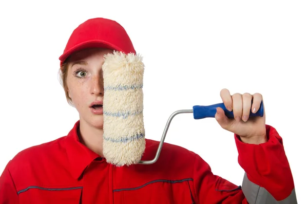 Woman painter in red coveralls isolated on the white — Stock Photo, Image