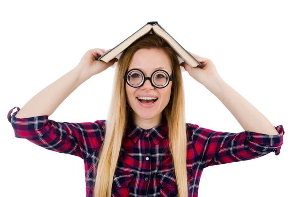 Studente divertente con pila di libri — Foto Stock