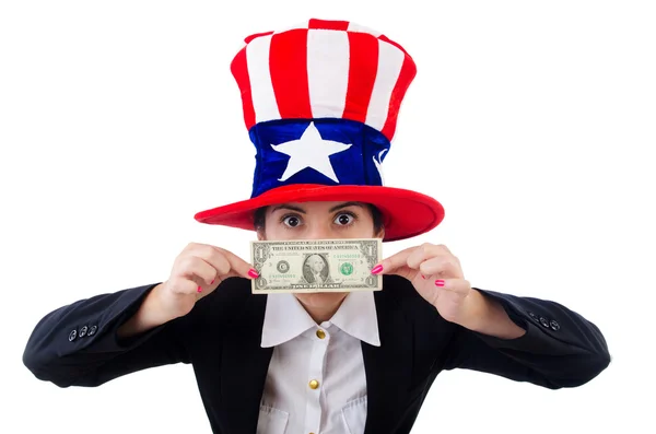 Young woman with dollar and usa hat — Stock Photo, Image