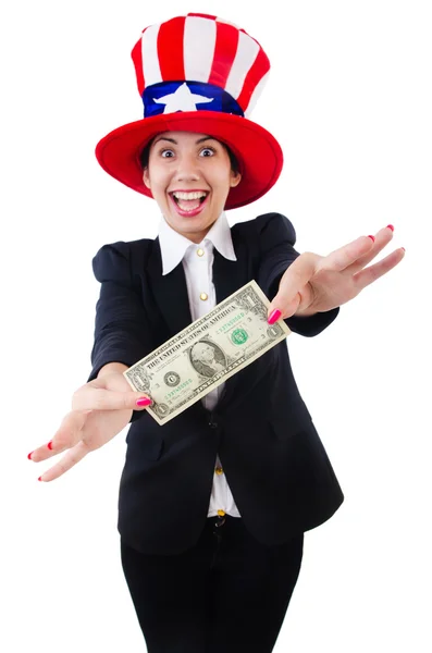 Mujer joven con el dólar y el sombrero de EE.UU. — Foto de Stock