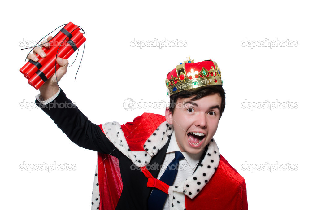 Businessman king with dynamite isolated on white