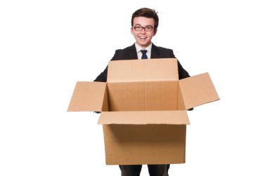 Beyaz kutuları olan komik bir adam.