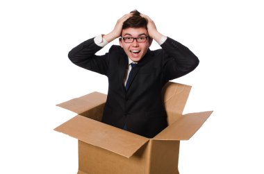 Beyaz kutuları olan komik bir adam.