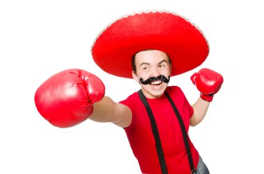 komik Meksikalı boksör eldivenleri üzerinde beyaz izole ile