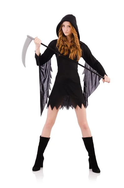 Young witch with scythe isolated on white — Stock Photo, Image