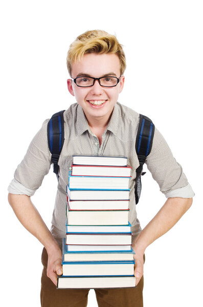 Забавный студент со стопкой книг
