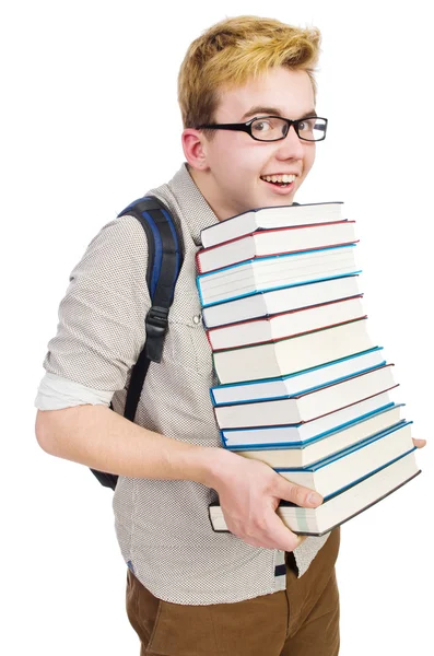 Estudante engraçado com pilha de livros — Fotografia de Stock