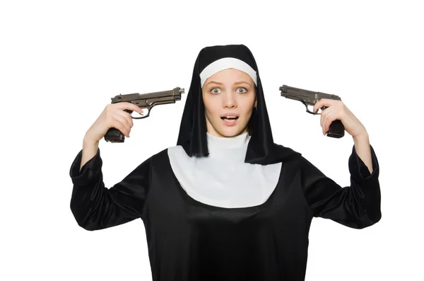 Nun with two guns isolated on white — Stock Photo, Image