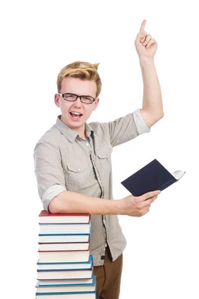 Estudante engraçado com pilha de livros — Fotografia de Stock
