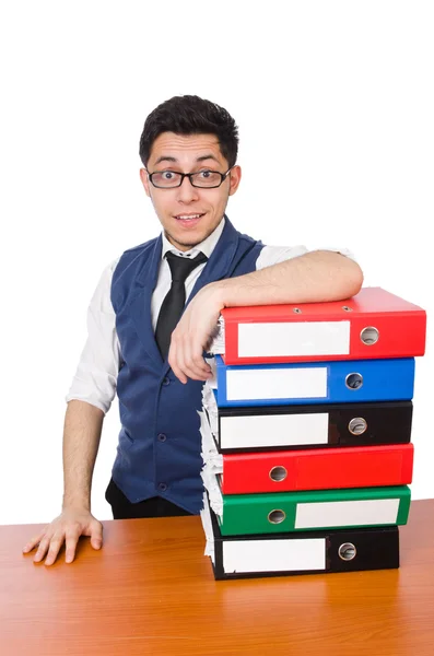 Funny man with lots of folders on white — Stock Photo, Image
