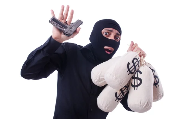 Lustiger Verbrecher mit Pistole auf Weiß — Stockfoto