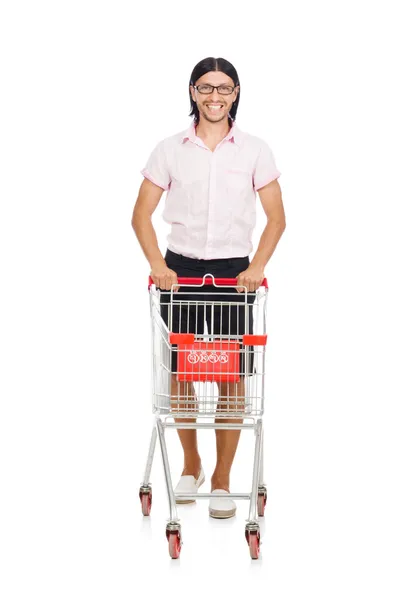 Homem de compras com carrinho de cesta de supermercado isolado em branco — Fotografia de Stock