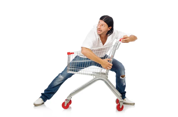 Uomo shopping con carrello supermercato isolato su bianco — Foto Stock