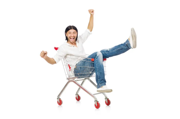 Hombre de compras con carrito cesta de supermercado aislado en blanco —  Fotos de Stock