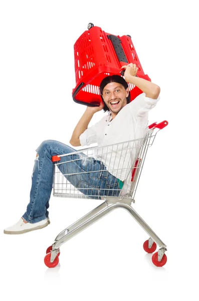 Uomo shopping con carrello supermercato isolato su bianco — Foto Stock