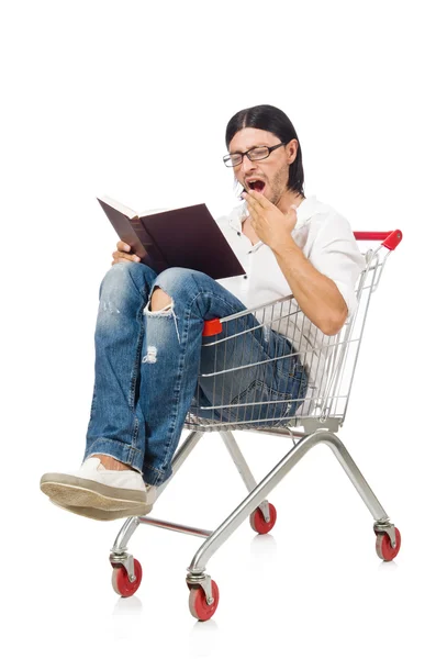 Man shopping with supermarket basket cart isolated on white — Stock Photo, Image