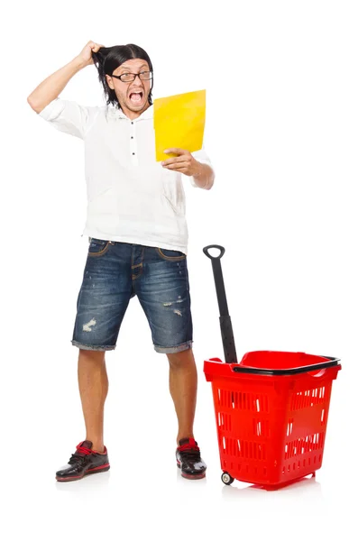 Man winkelen met supermarkt mand kar geïsoleerd op wit — Stockfoto