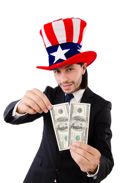Человек в американском долларе и шляпе — стоковое фото