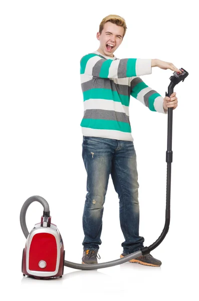 Funny man with vacuum cleaner on white — Stock Photo, Image