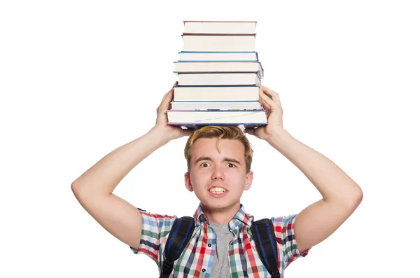 Étudiant drôle avec pile de livres — Photo