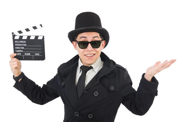 Hombre con película clapper aislado en blanco — Foto de Stock