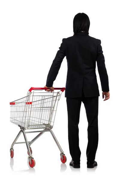 Homme shopping avec panier de supermarché panier isolé sur blanc — Photo