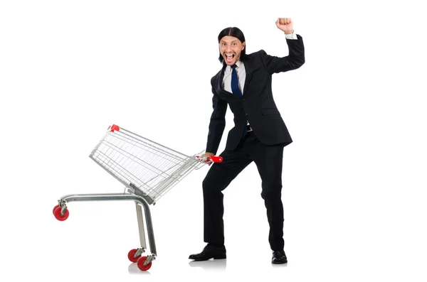 Homme shopping avec panier de supermarché panier isolé sur blanc — Photo