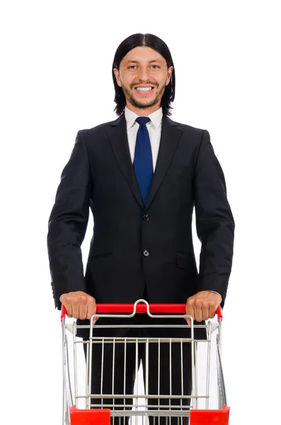 Man winkelen met supermarkt mand kar geïsoleerd op wit — Stockfoto
