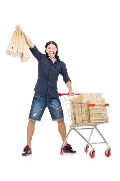 Homem de compras com carrinho de cesta de supermercado isolado em branco — Fotografia de Stock