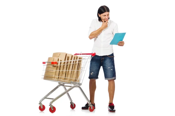 Uomo shopping con carrello supermercato isolato su bianco — Foto Stock