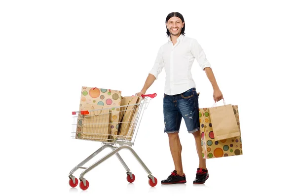 Homme shopping avec panier de supermarché panier isolé sur blanc — Photo